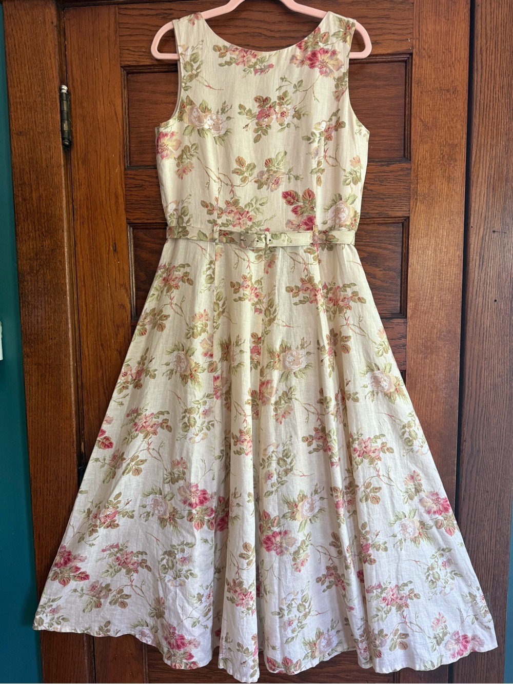 RARE LAURA ASHLEY Vintage Les Amandiers en Fleurs 100% Linen Belted Midi Dress